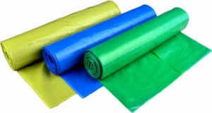 Uniwersalne worki do segregacji śmieci 120L z nadrukami ZESTAW (niebieski _ zielony _ żółty) 90 szt. (3 kolory x 3 rolki x 10 szt.).