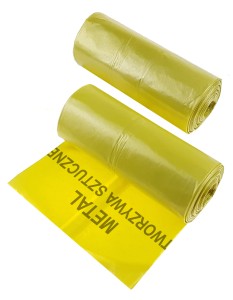 Uniwersalne worki do segregacji śmieci 120L z nadrukiem TWORZYWA SZTUCZNE _ METAL (żółte) 50 szt. (5 rolek x 10 szt.).